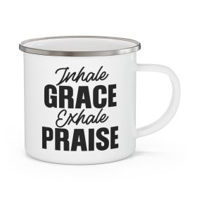 Enamel Camping Mug, Inhale Grace Exhale Praise Black Illustration