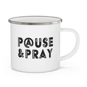 Enamel Camping Mug, Pause And Pray Black Illustration