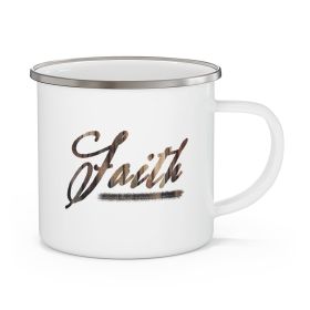 Enamel Camping Mug, Faith Brown Wood Grain Print Christian Inspiration