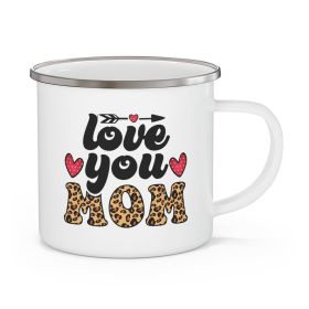 Enamel Camping Mug, Love You Mom Leopard Print Black Illustration