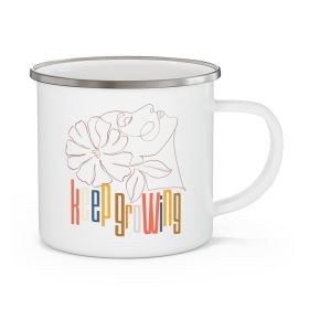 Enamel Camping Mug, Say It Soul - Keep Growing In Pastel Colors, Spring Inspiration, Floral Line Art, Woman Line Art,