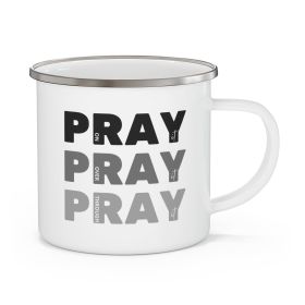 Enamel Camping Mug, Pray On It Over It Through It Black Illustration