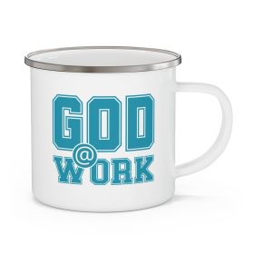 Enamel Camping Mug, God @ Work Blue Green And White Print