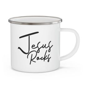 Enamel Camping Mug, Jesus Rocks - Christian Inspiration Affirmation - Black