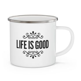 Enamel Camping Mug, Life Is Good Black Graphic Illustration