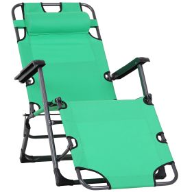 Outsunny Tanning Chair, 2-in-1 Beach Lounge Chair & Camping Chair w/ Pillow & Pocket, Adjustable Chaise for Sunbathing Outside, Patio, Poolside, Green