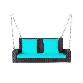 2-Person Wicker Hanging Porch Swing with 2 Back Cushions and 1 Seat Cushion (Color: turquoise)